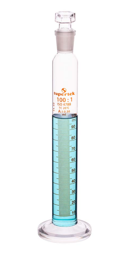 Menzura za mućkanje 50ml, stakleni čep, okrugla staklena baza, klasa A (LOT sertifikat)