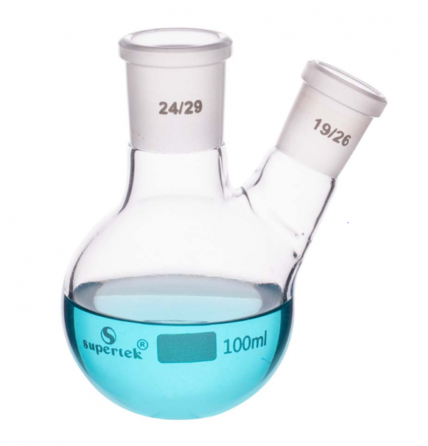 Tikvica (balon), okruglo dno, dvogrla, 100ml, dva grla pod uglom, brušeno grlo SJ 24/29 i 19/26