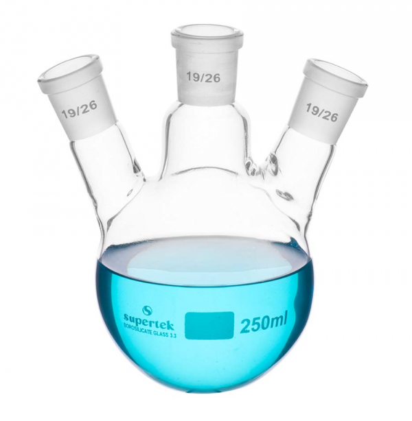 Tikvica (balon), okruglo dno, trogrla, 1000ml, tri grla pod uglom brušeno grlo SJ 24/29 i 2x19/26