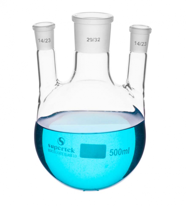 Tikvica (balon), okruglo dno, trogrla, 1000ml, tri paralelna grla, SJ29/32 i 2x14/23 